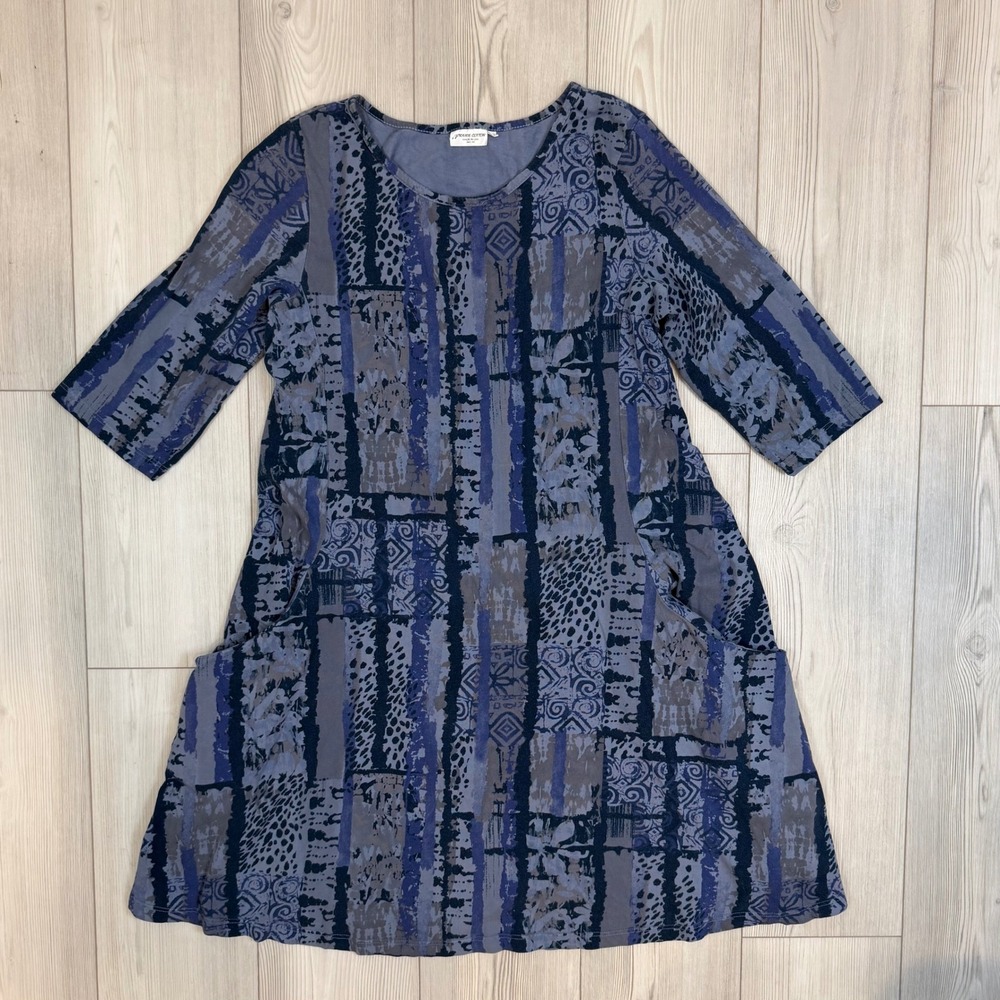 Prairie Cotton Abstract Patchwork Print A-Line Tunic Dress Blue Grey Large L